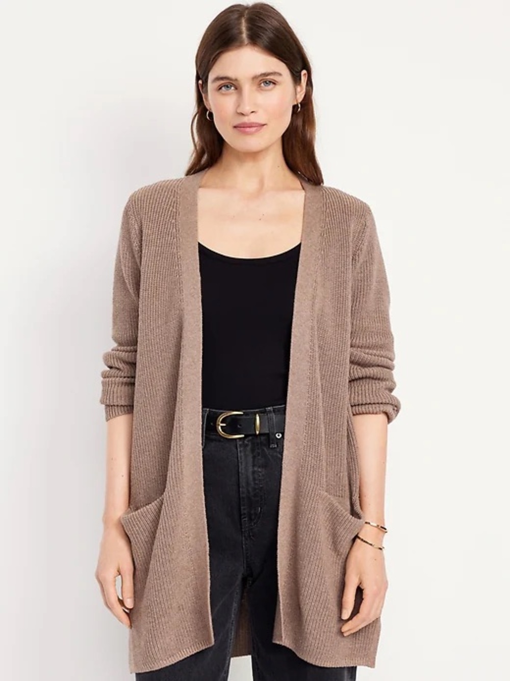 GAP Women’s Taupe Ribbed Knit Open Front Cardigan Sweater Shawl Collar Medium